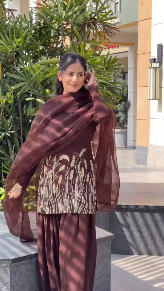 Faux Georgette And Thread With Sequence Work & Organza Silk Four Side Lace Border With Rivet Moti Work Dupatta Type Farshi Suit
