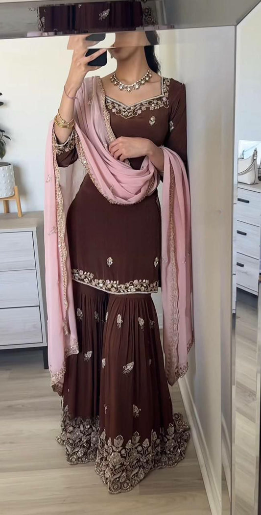 Heavy Faux Georgette With Embroidery Sequence Work With Fully Flair And Lace Border Sharara Palazzo Dress