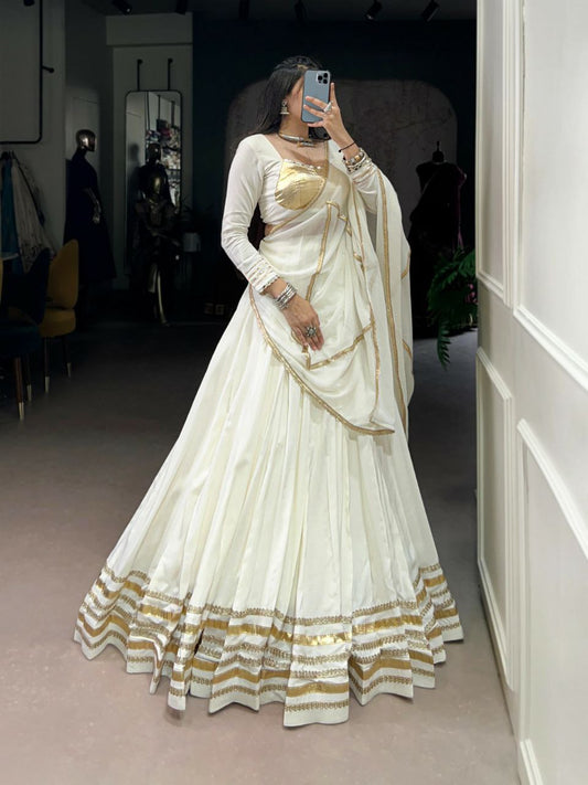 Pure Rayon With Embossed Design And Original Mirror With Gotta Patti Lace Touch Up Blouse With Canvas Lehenga Choli