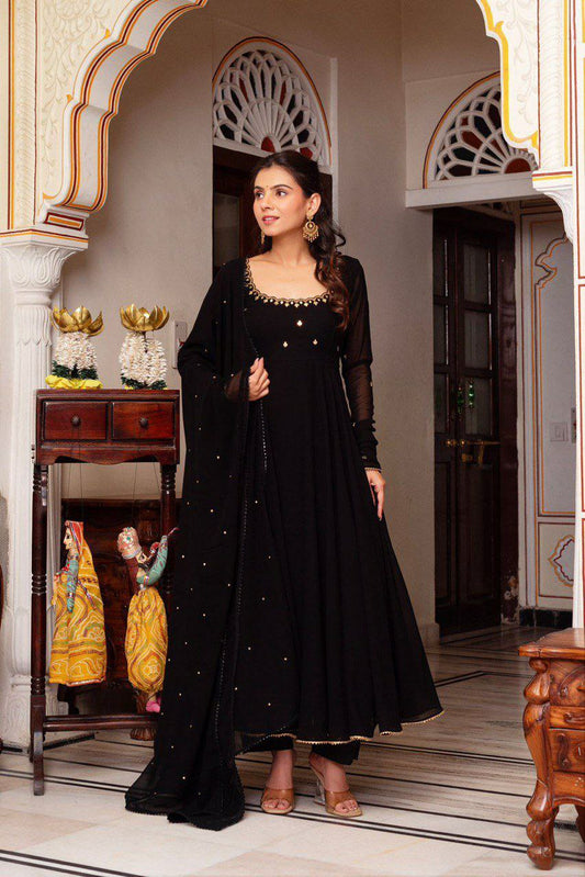 Faux Georgette With Micro Cotton And Handwork Rivet Moti With Four Side Lace Border Dress