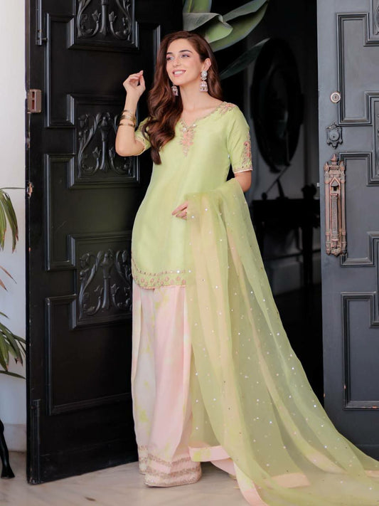 Pure Natural Crepe With Embroidery Sequence Work With Riyal Mirror Hand Work With Rivet Moti Work With Less Border Farshi Palazzo Dress