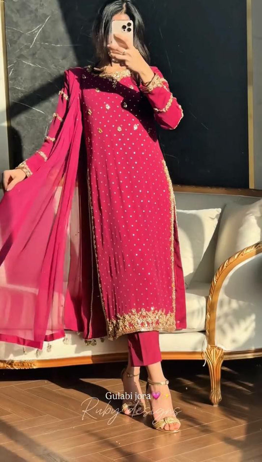 Heavy Faux Georgette And Fancy Embroidery And Sequins Work With Cover Patta Border Dupatta Type Top & Bottom Dress