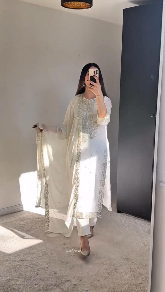 Heavy Faux Georgette With Heavy Micro Cotton And Fancy Embroidery And Sequence Worked With Lace Border Dress