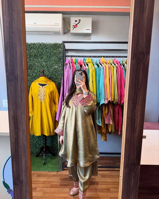 Pure Gold Fendi Silk With Embroidery Sequence Work & Coding Dori Work With Elastic And Four Side Lace Border Bottom Dress