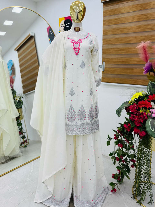 Chinon Silk And Embroidery Siquence Work With Round Neck Type Top & Palazzo Dress