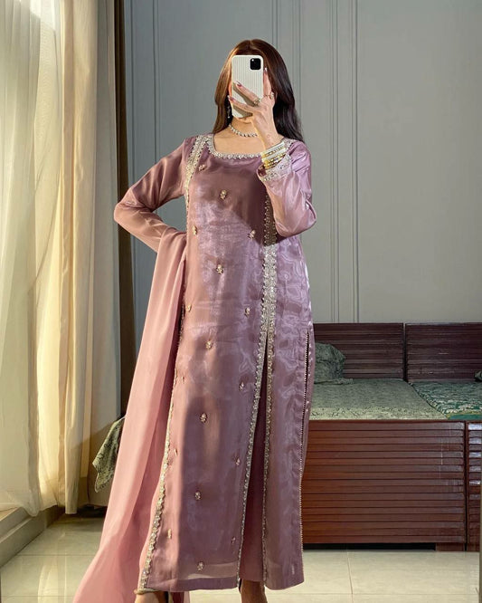 Pure Jimmy Choo And Heavy Embroidery Sequence Work With Moti Hand Work And Four Side Fancy Lace Border Palazzo Dress
