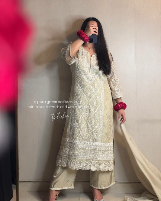 Heavy Faux Georgette And Heavy Embroidery Sequence Work With Rivet Moti Work And Cutwork With Elastic Palazzo Dress