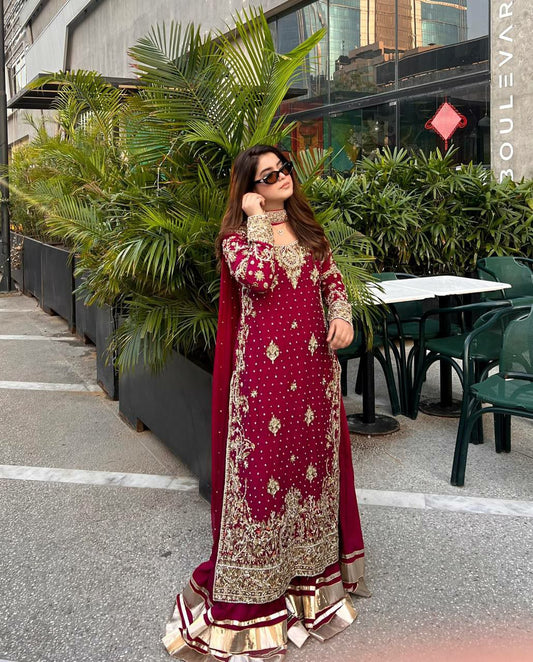Fox Georgette With Codding Sequence Embroidery Work And Moti Work Dupatta With Crezz And Less Work Palazzo Dress