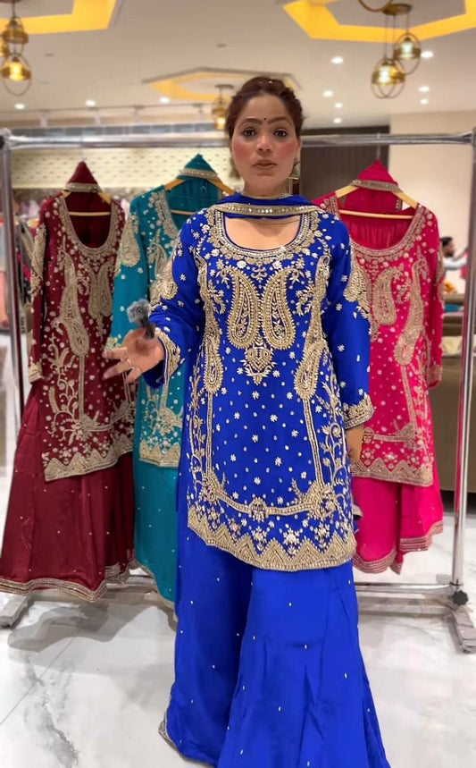 Heavy Chinon Silk Material & Sequence Embroidery Work With Moti Work & Fancy Lees Dupatta Type Sharara Palazzo Dress