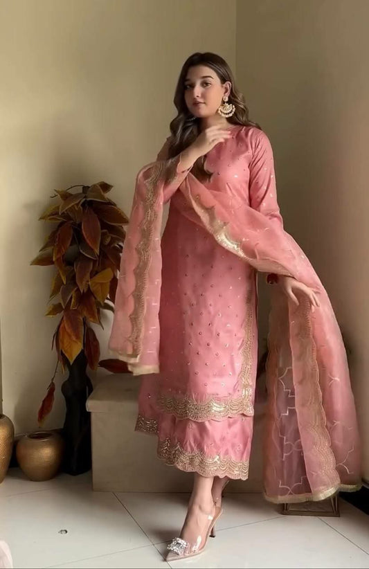 Heavy Roman Silk And Heavy Tabi Organza With Embroidery Sequence Work With Elastic And Micro Cotton Palazzo Dress