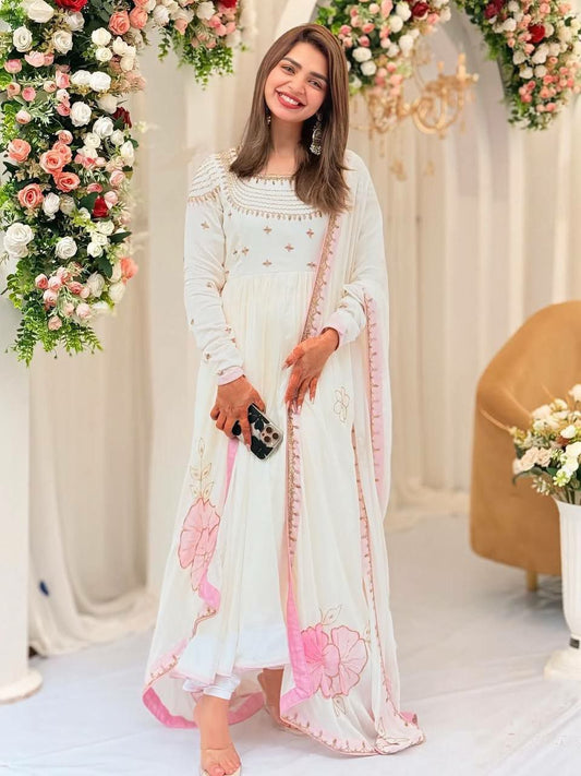 Heavy Georgette And Heavy Embroidery Sequence Work With Moti Latkan With Digital Print Dupatta Type Bottom Gown
