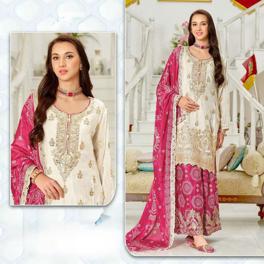 HEAVY CHINON AND HEAVY EMBROIDERED SEQUENCE CODING WORK WITH REAL MIRROR HAND WORK WITH DIGITAL PRINT SHARARA DRESS