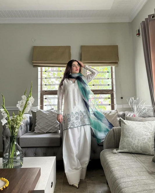 ROMAN SILK WITH SEQUENCE EMBROIDERY AND SILVER SIFFON WITH PRINTED WORK DUPATTA TOP & SALWAAR SUIT