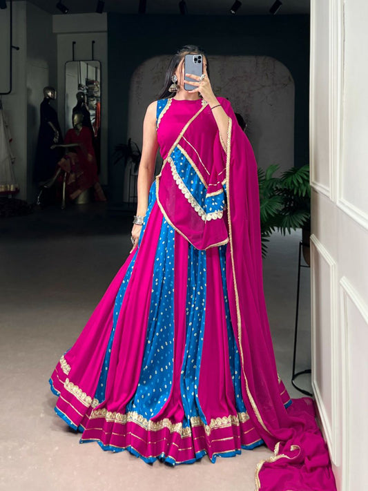 Tasar Silk And Bandhej Print With Lace Touch Up Stitched With Canvas And Full Inner Lehenga Choli