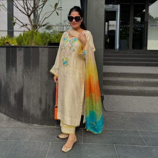 Moss Satin And Heavy Embroidery Sequence Work With Organza Silk With Digital Print Work Dupatta Palazzo Dress
