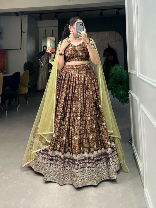 Chinon & Digital Print With Embroidery Sequins Work With Canvas And Attached With Can Can Lehenga Choli