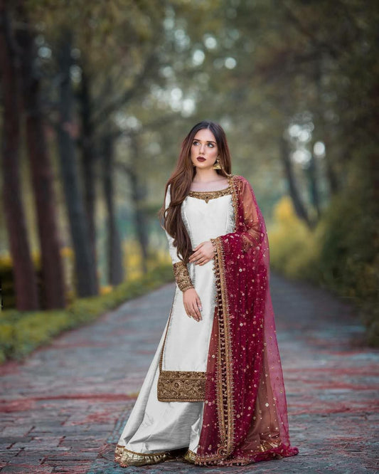 Pure Chinon Silk With Micro Cotton And Embroidery Sequins Work With Hanging Moti Lace Border Palazzo Kurti