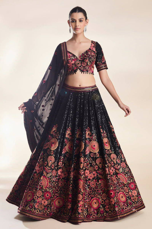Premium Faux Georgette With Beautiful Heavy Thread Embroidery Work & Heavy Sequins Work With Heavy Cancan And Canvas Lehenga Choli