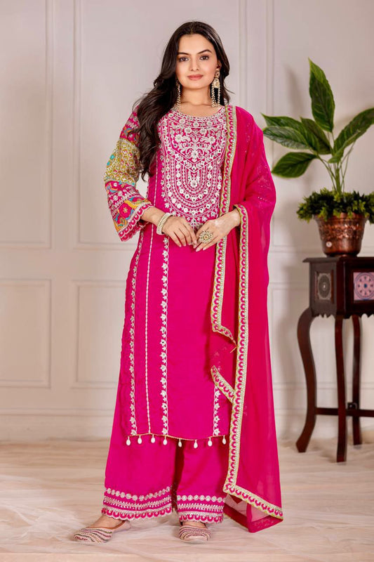 HEAVY VICHITRA SILK AND EMBROIDERY SEQUENCES WORK WITH REAL MIRROR WORK PALAZZO DRESS