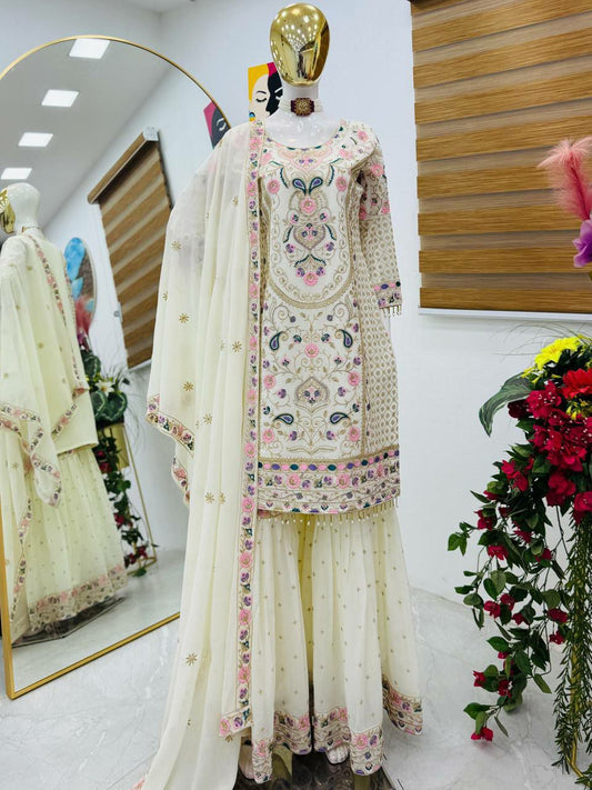 Fox Georgette With Siquence Embroidery Work And Siquence Embroidery Less Dupatta Type Top & Palazzo