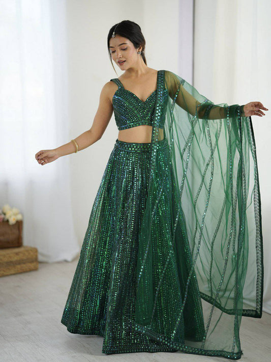 Net With Rainbow Sequins & Dori Work With Can Can Attach Lehenga Choli