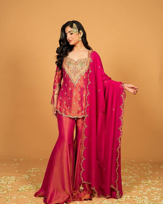 Heavy Simar Silk With Heavy Micro Cotton And Embroidery Sequence Work With Elastic Palazzo Dress