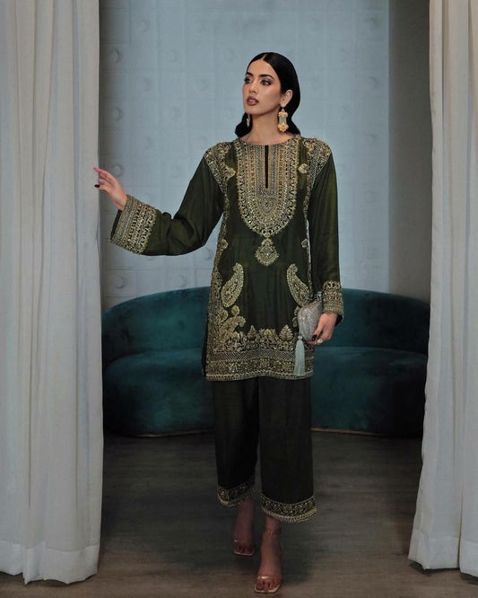 HEAVY CHINON WITH EMBROIDERY SEQUENCES WORK BEL SLEEVES AND LESS BODER TOP & PALAZZO DRESS
