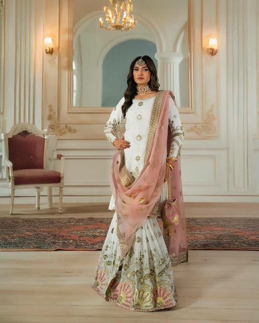 Heavy Faux Georgette & Heavy Micro Cotton With Embroidery Sequence Work And Soft Butterfly Net Dupatta Sharara Dress