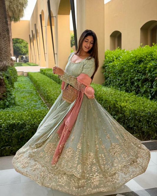 Star Georgette With Heavy Micro Cotton And Heavy Embroidery Sequence Work Top & Lehenga