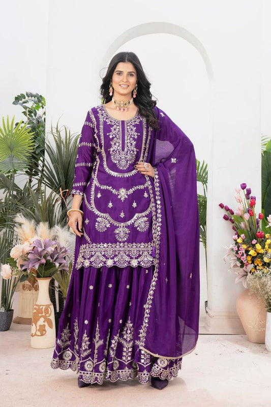 Pure Heavy Chinon Silk With Heavy Embroidery Coding Sequence Work And Four Side Lace Border Palazzo Dress