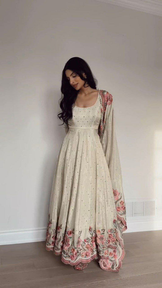 Chinon Silk And Micro Inner Thread With Sequence With Mukesh Work With Elastic Pent Type Gown