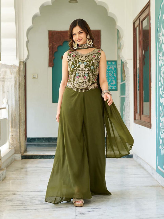 Star Georgette And Cording Sequence & Thread Embroidery Work With Latkan Lace Work Palazzo Dress