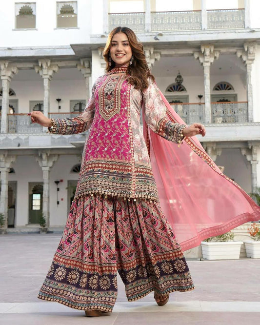 HEAVY FAUX GEORGETTE AND DIGITAL PRINT WITH REAL MIRROR HAND WORK AND SHIKA LESS & DIGITAL PRINT LESS BORDER TOP & PALAZZO