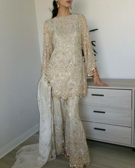 CHINON AND MICRO INNER WITH SEQUENCE EMBROIDERY WORK PALAZZO DRESS