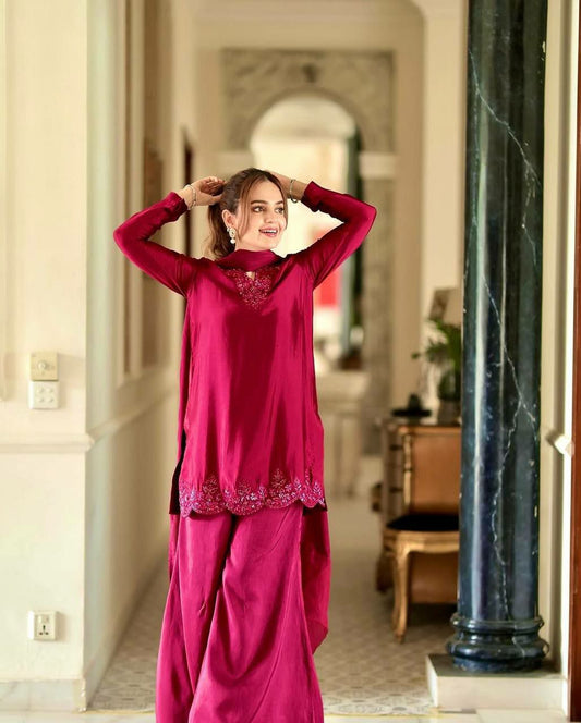Pure Natural Crepe Silk With Heavy Micro Cotton And Embroidery Sequence Work With Elastic Farshi Palazzo Dress