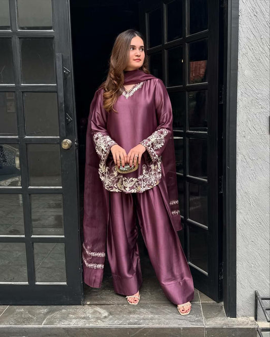 Pure Natural Crepe Silk With Heavy Micro Cotton And Embroidery Sequence Work Type Palazzo Dress
