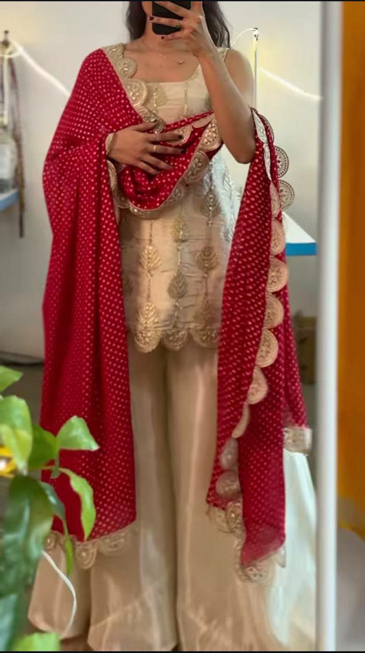 Natural Crepe Silk With Heavy Embroidery Coding Sequence Work And Digital Print Dupatta Type Palazzo Dress