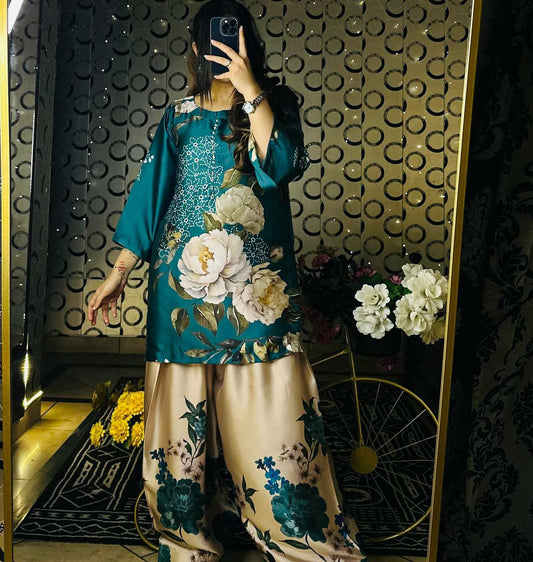 Pure Natural Crepe Silk And Digital Print With Heavy Micro Cotton With Elastic Farshi Palazzo Dress