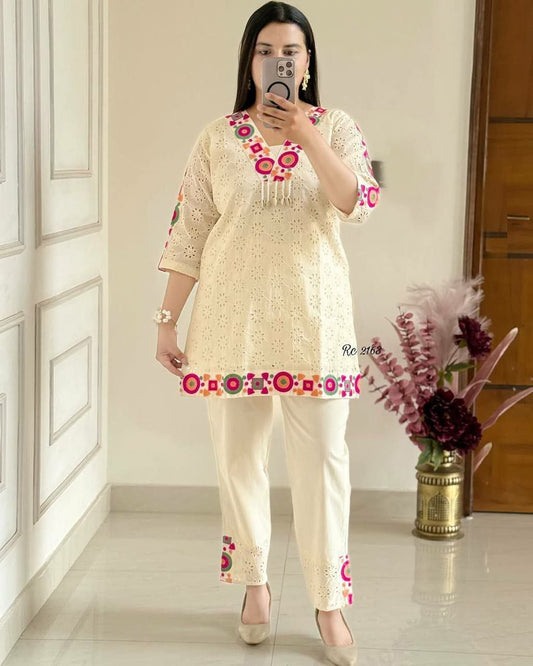 Pure Khadi Cotton With Schiffli Work And Thread Work Type Suit