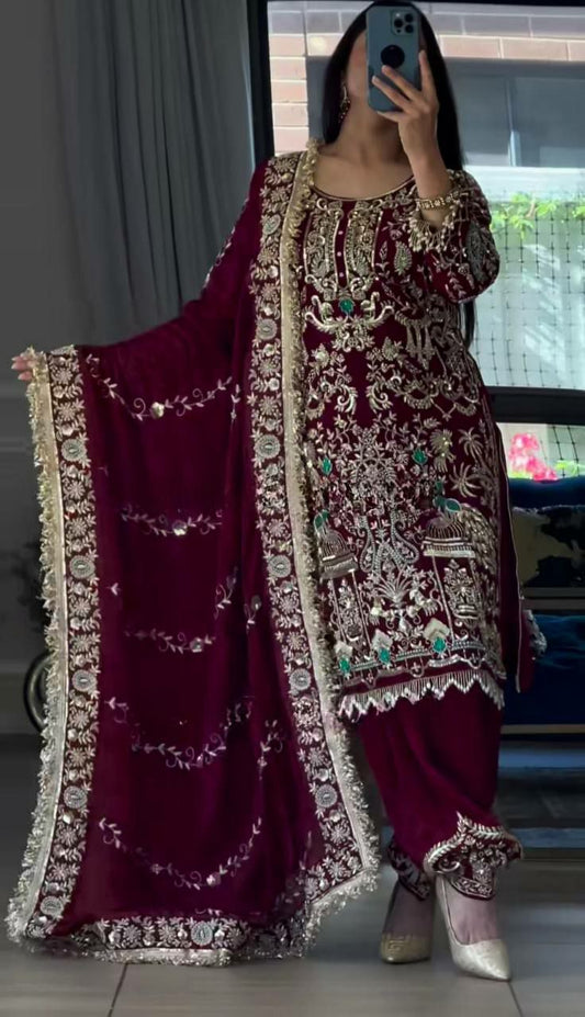 Natural Crepe With Heavy Embroidery Sequence Work And Fancy Lace Dhoti Salwar & Top