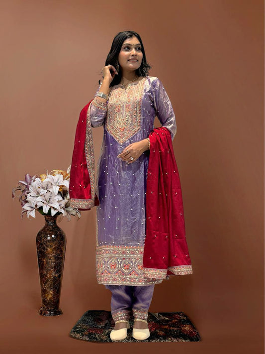 Heavy Frendy Silk With Fancy Embroidery Coding Dori-Sequence Worked And Riveted Moti Work Dress