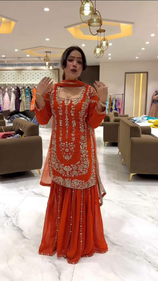 GEORGETTE WITH MICRO INNER AND SEQUENCE EMBROIDERY WORK WITH LACE SHARARA DRESS