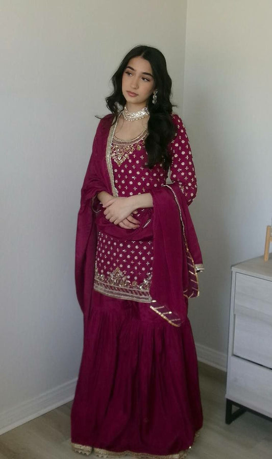 Natural Crepe With Micro Silk And Embroidery Siquence Work With Less Work Sharara Dress