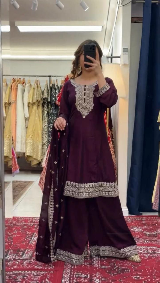 Multi Thread& Sequence Work Top& Plazzo With Dupatta Set For Women Or Girls Wear