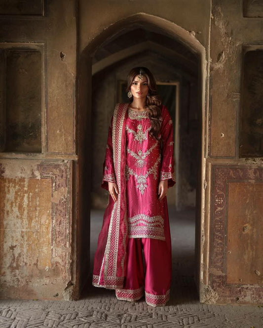 Heavy Chinon Silk With Embroidery Sequence Work And Heavy Micro Cotton Sharara Dress