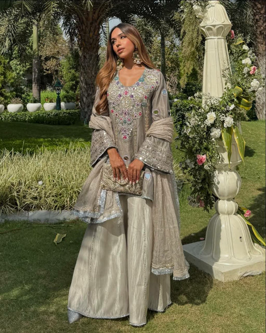 HEAVY NATURAL CREAP AND HEAVY EMBROIDERED SEQUENCE WORK WITH REAL MIRROR HAND WORK AND LACE BODAR SHARARA DRESS