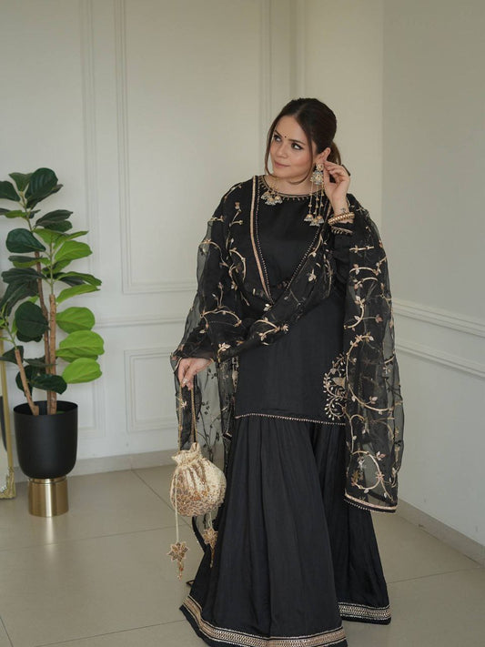 Pure Natural Crepe With Embroidery Sequence Work And Less Border Dupatta Type Sharara Palazzo Dress