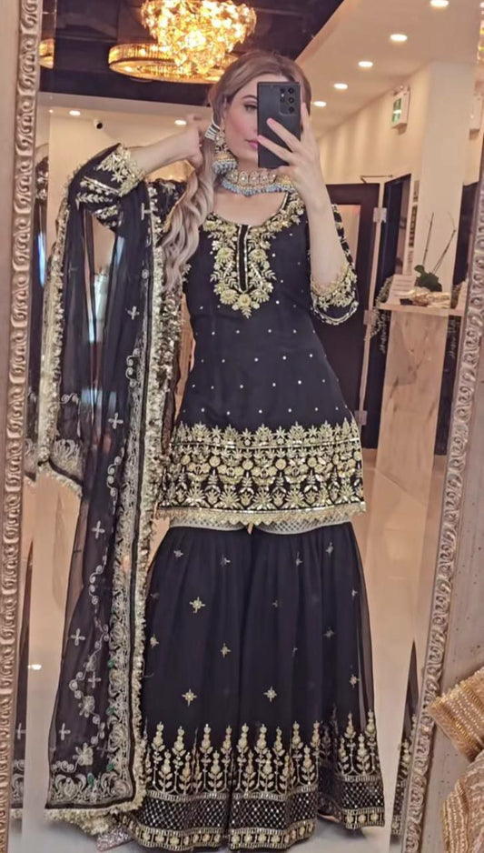 Pakistani Fashion Black Color Trendy Salwar Suit /Fully Stitched Sharara Palazzo Set