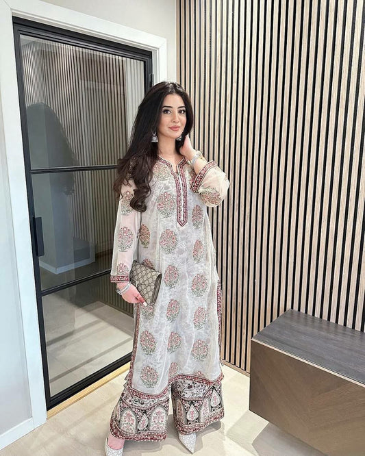 Heavy Faux Georgette And Embroidery Sequence Work With Digital Print With Elastic And Lace Border Palazzo Dress