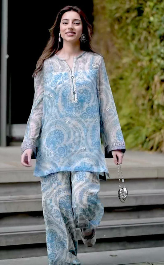 Pure Sifon Georgette With Digital Print And Embroidery Sequence Work With Elastic With Can-Vas Patto Type Farshi Palazzo Dress